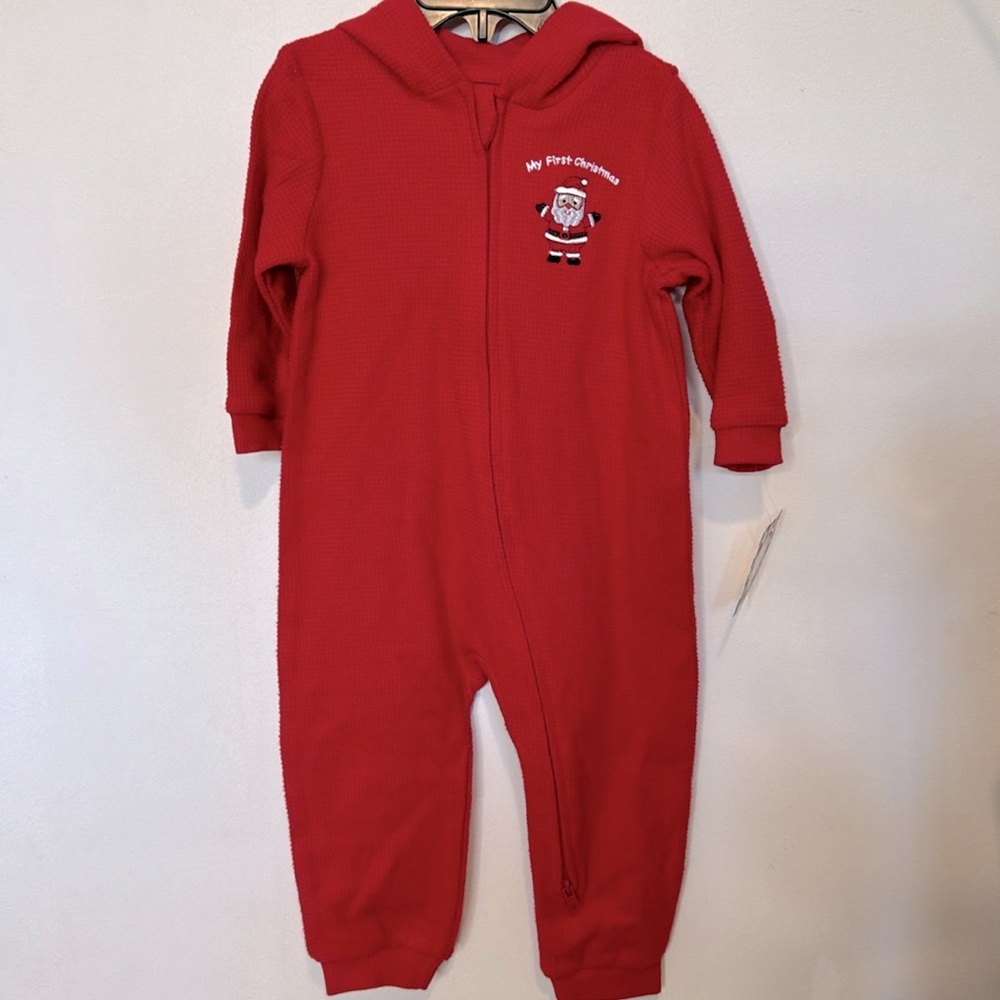 New Baby Little Me My First Christmas one piece thermal with hood